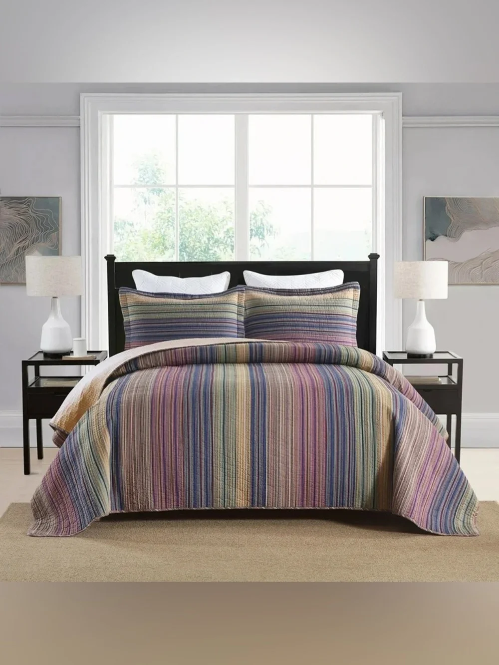 Multicolor Striped Quilt Set Queen 3 piece cotton quilt